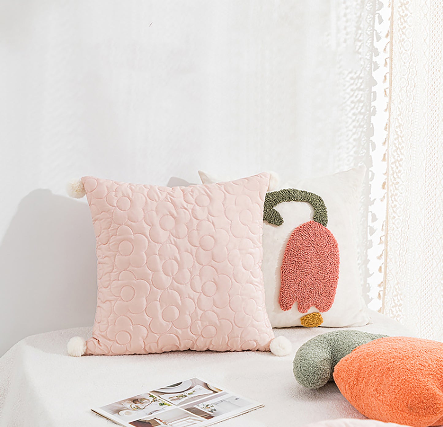 Pink Flower pillow Case Cute Solid Pillow Flower Embroidered Throw Pillow Decorative Pink White Pillow Case Daisy Housewarming Gift Decor