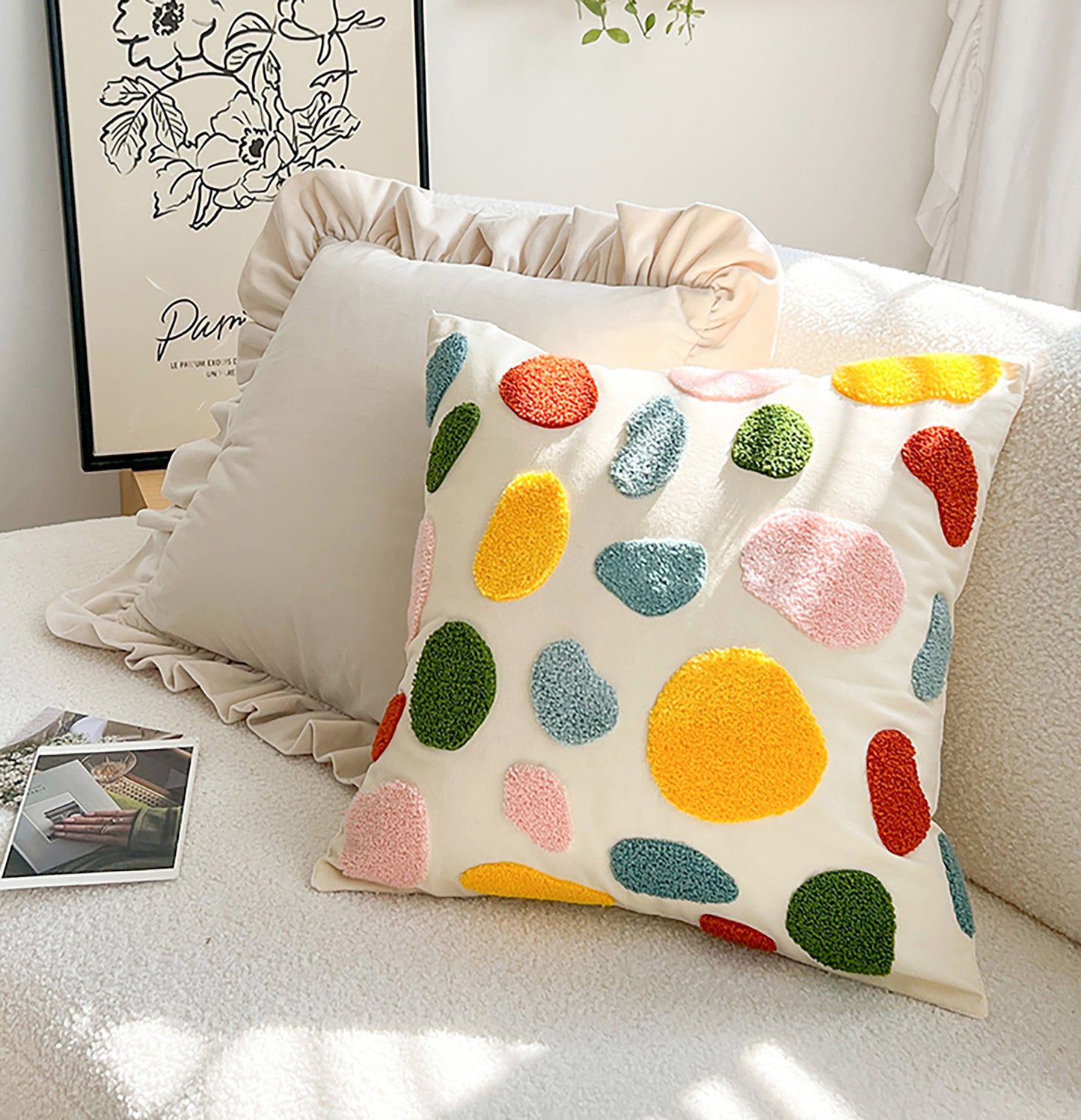 Fashion Summer Pillow Case Cute Colorful Pillow Flower Embroidered Polka Dot Throw Pillow Case Decorative Pillow Case Housewarming Gift