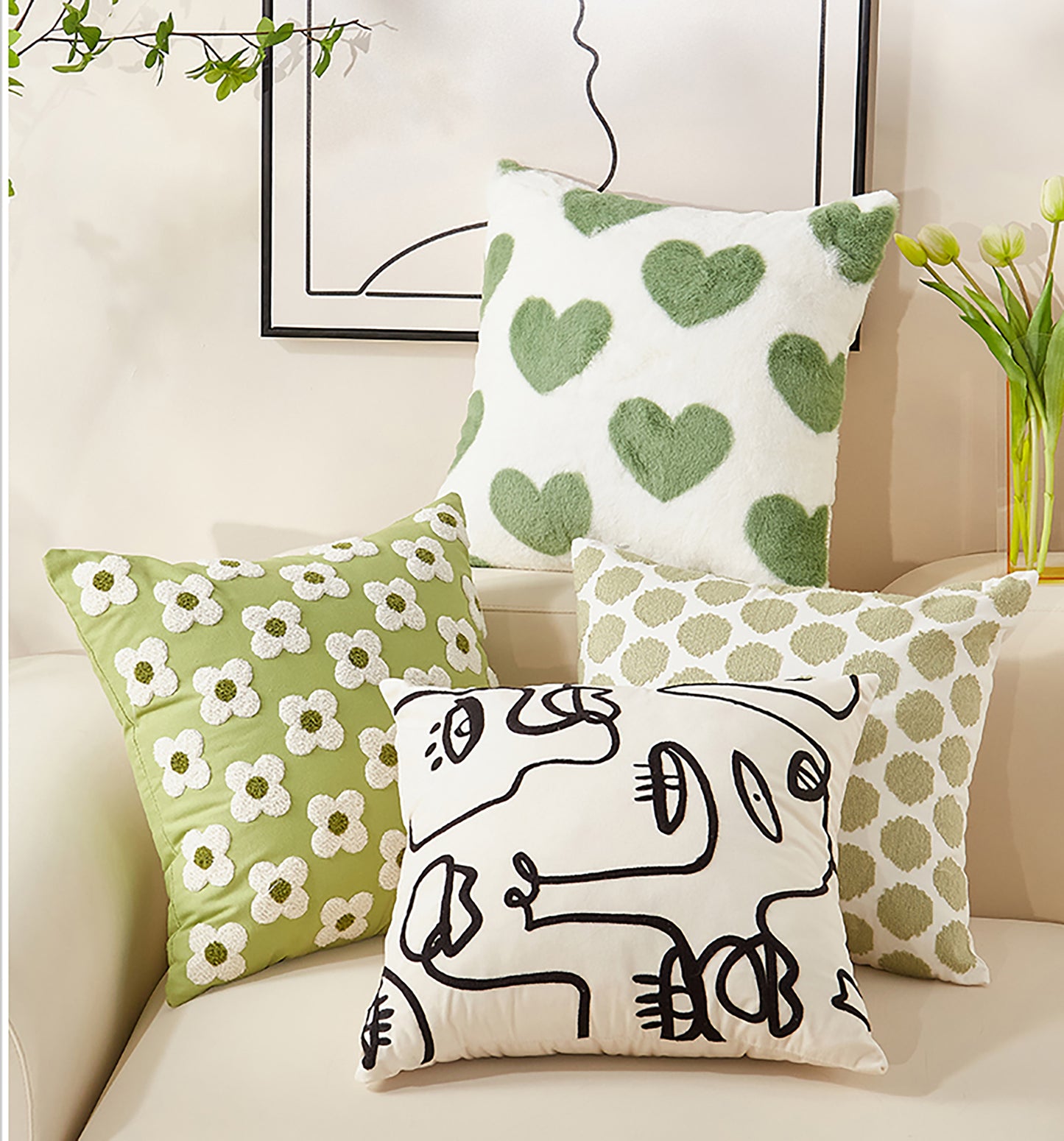 Fashion Pillowcase Cute Green Pillow Heart Embroidered Throw Pillow Case Decorative Pillowcase/ Housewarming gift/ Personalized Pillow Cover