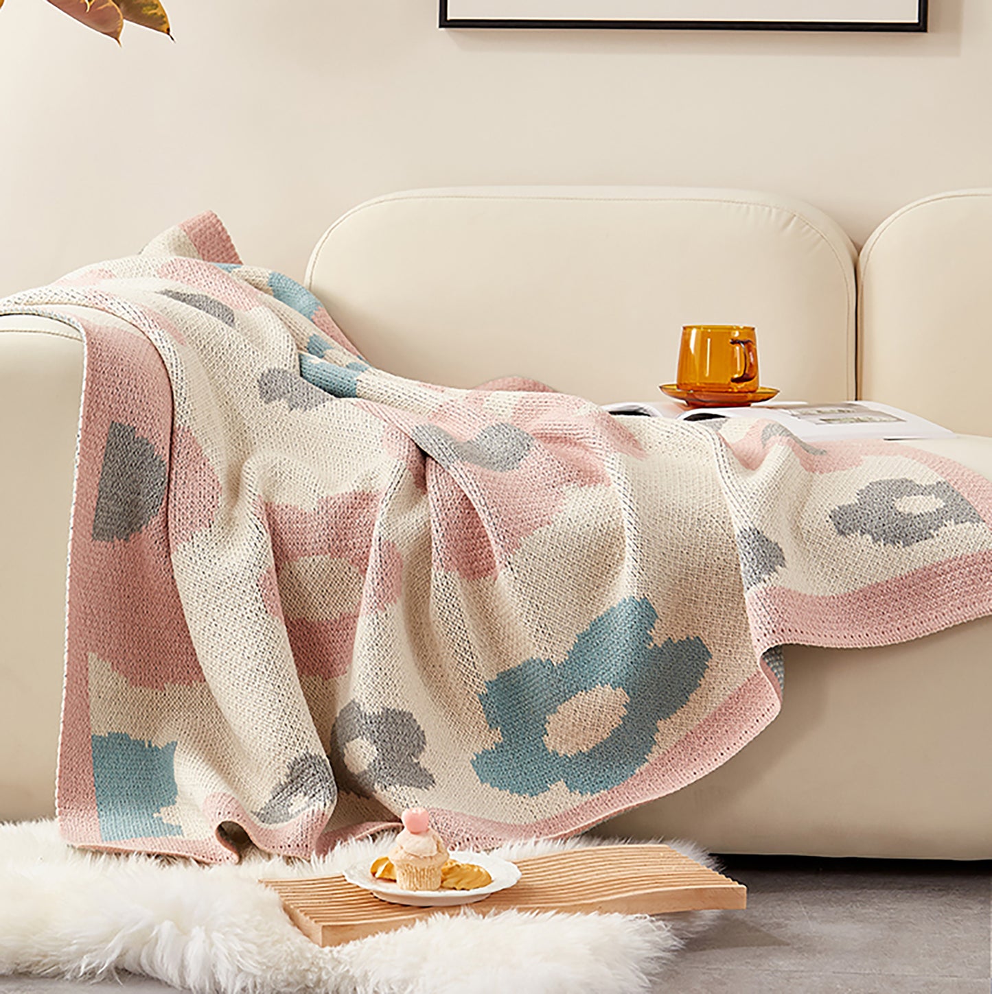 Flower Decorative Blanket Woven Throw Blanket Sofa Couch Office Blanket Pink Blue White Black