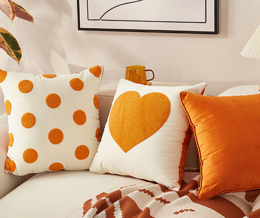 Heart pillow Case Cute Pillow Embroidered Throw Pillow Case Decorative Orange Pillow Case Housewarming gift Dot Pattern Pumpkin Living Room
