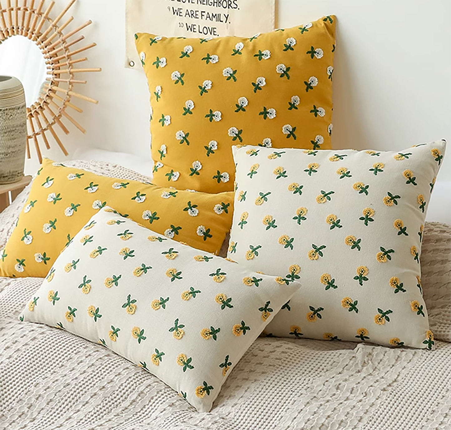 Flower Embroidered Throw Pillow Case Yellow White Small Flower Cute Flower Decorative Housewarming gift