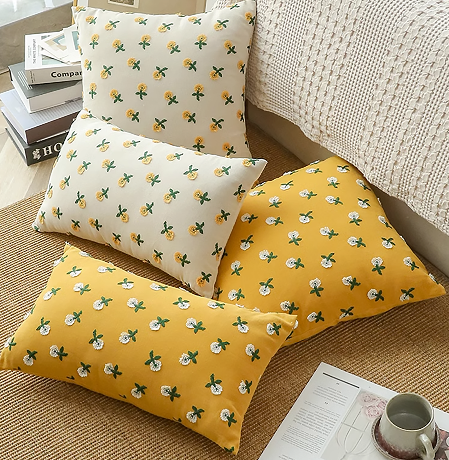 Flower Embroidered Throw Pillow Case Yellow White Small Flower Cute Flower Decorative Housewarming gift