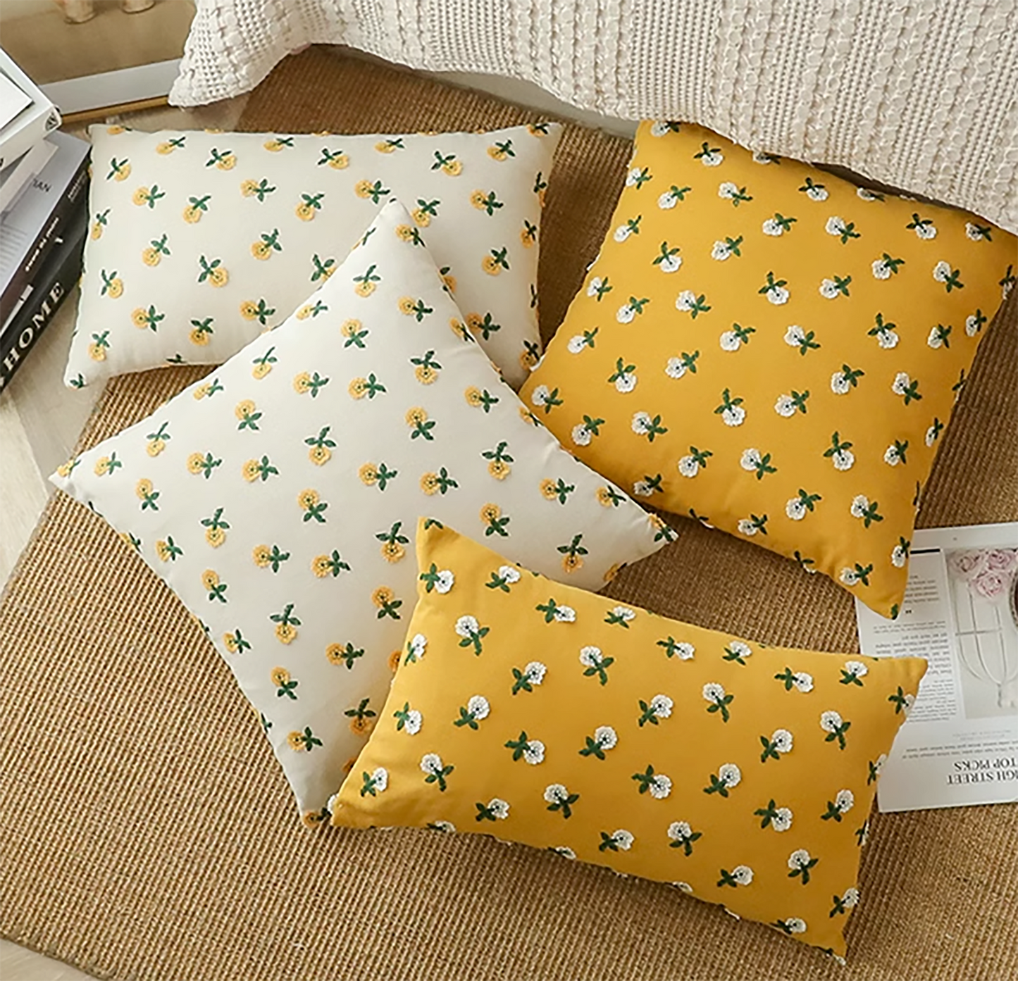 Flower Embroidered Throw Pillow Case Yellow White Small Flower Cute Flower Decorative Housewarming gift