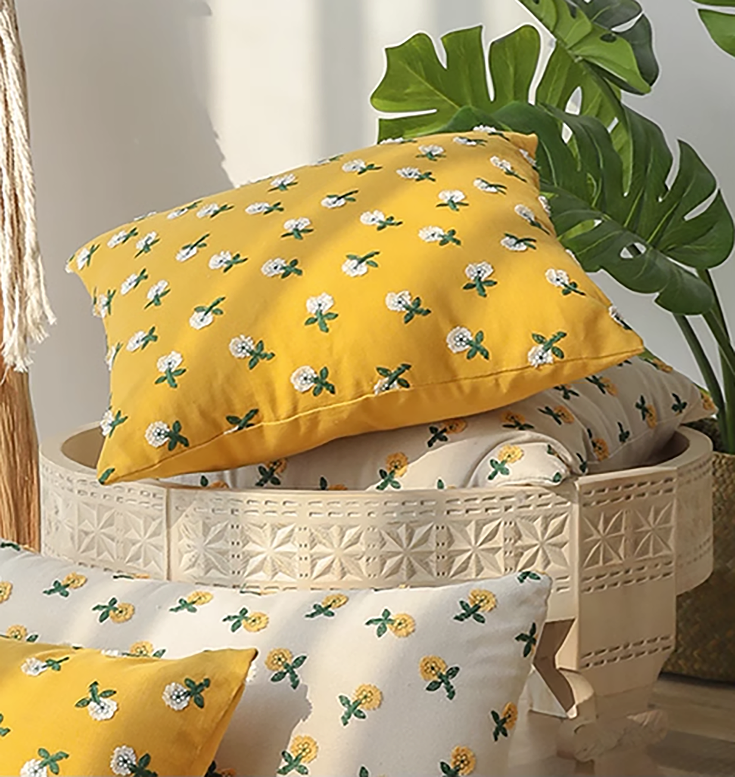 Flower Embroidered Throw Pillow Case Yellow White Small Flower Cute Flower Decorative Housewarming gift