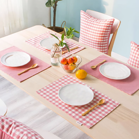 DUO Placemat Set Double Sided Checkerboard Pattern Solid Color Handmade Plate Mat Kitchen Decoration Picnic Mat Barbie Pink