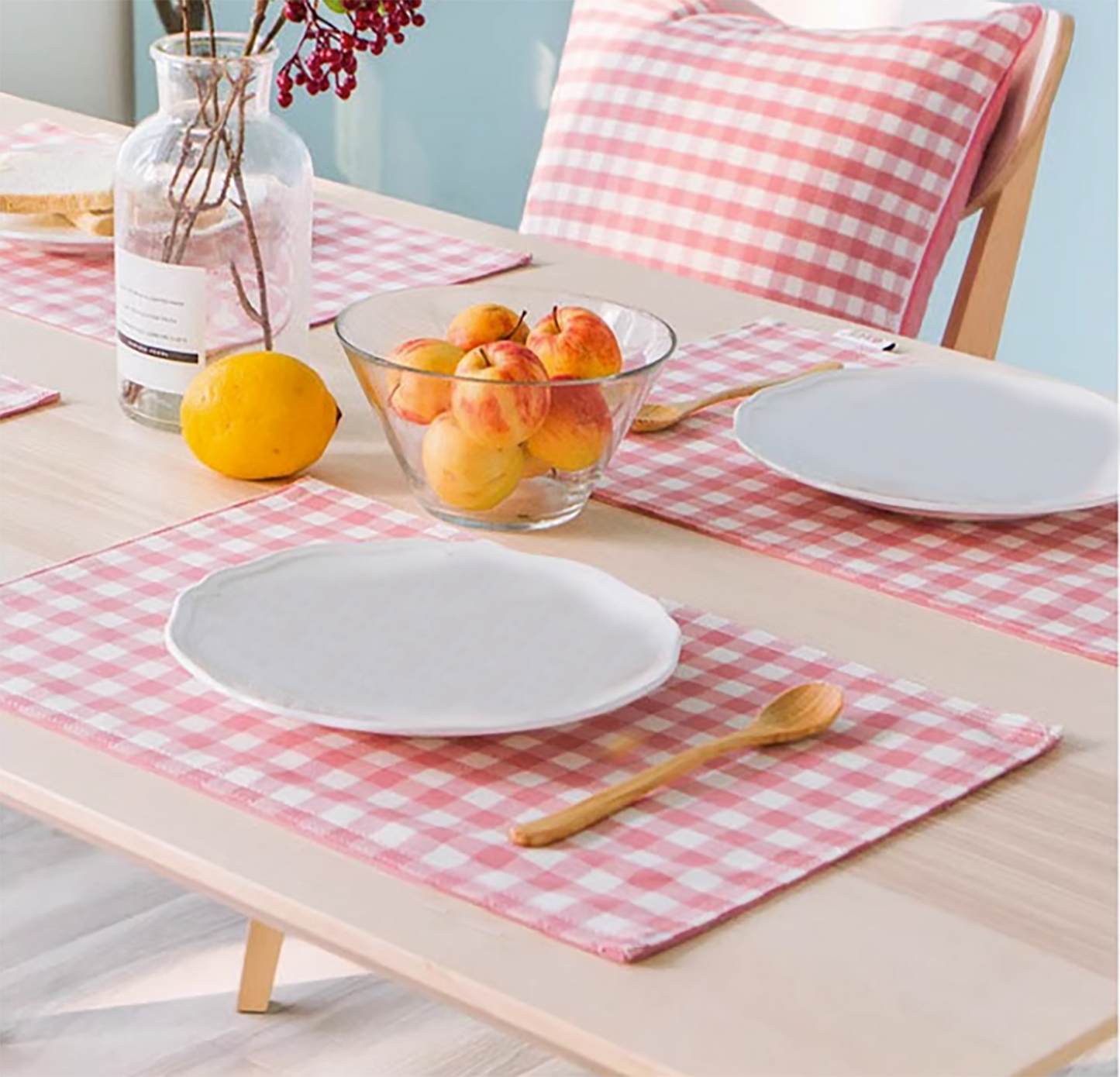 DUO Placemat Set Double Sided Checkerboard Pattern Solid Color Handmade Plate Mat Kitchen Decoration Picnic Mat Barbie Pink