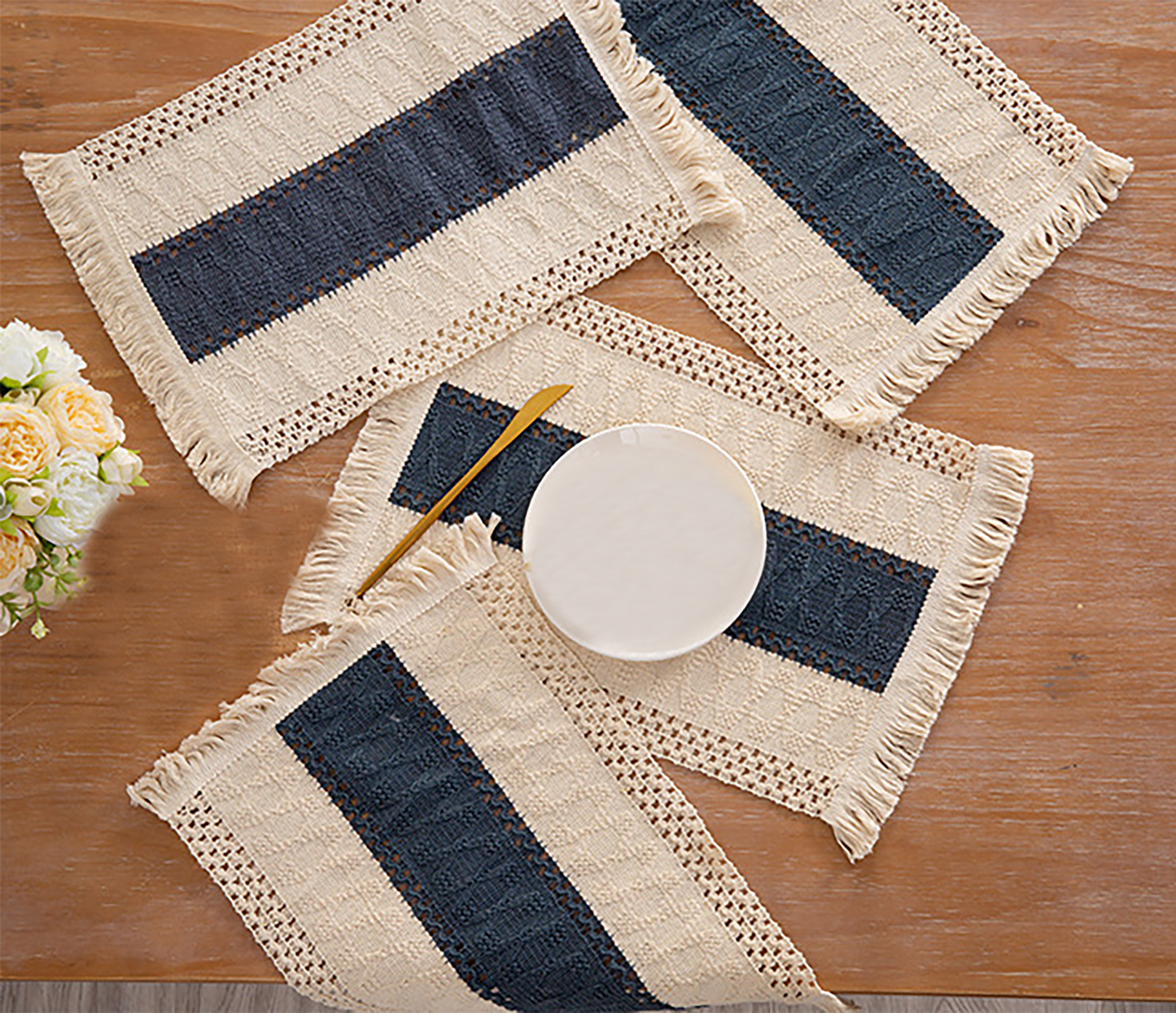 Woven Placemat Set Handmade Art Personalized Plate Mat Kitchen Decoration Blue Brown Beige