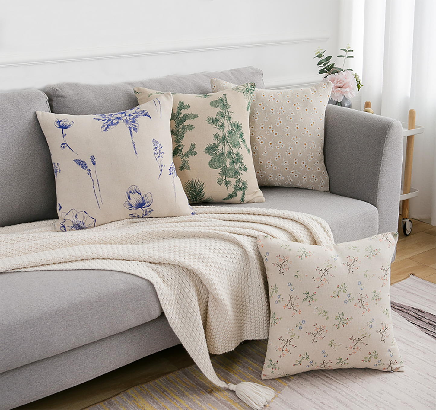 Nature Style Cotton Linen Pillow Case Pine Tree Pillow Daisy Colorful Flower Throw Pillow Case Decorative Pillow Case Housewarming gift