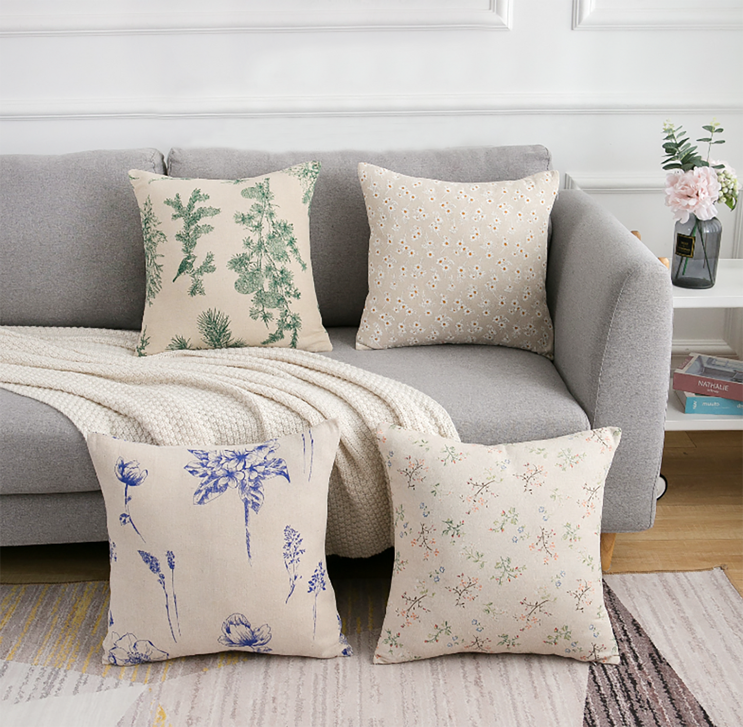 Nature Style Cotton Linen Pillow Case Pine Tree Pillow Daisy Colorful Flower Throw Pillow Case Decorative Pillow Case Housewarming gift