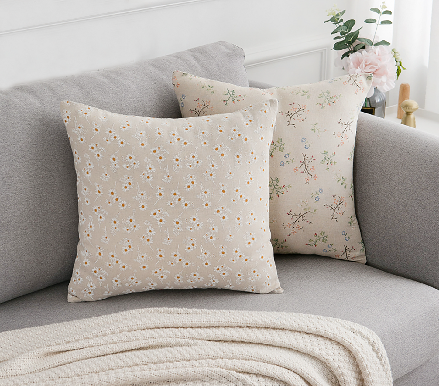 Nature Style Cotton Linen Pillow Case Pine Tree Pillow Daisy Colorful Flower Throw Pillow Case Decorative Pillow Case Housewarming gift