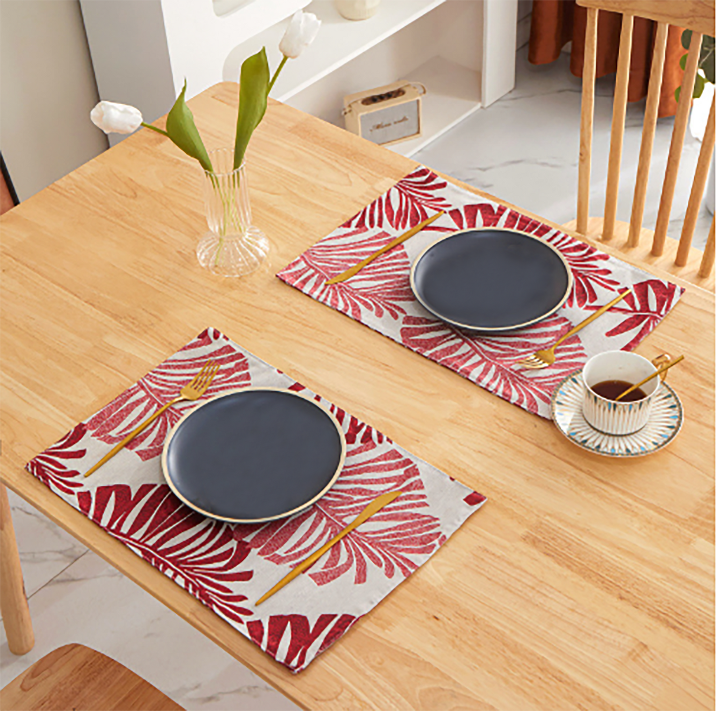 Nature Leaf Colorful Canvas Placemat Set Handmade Personalized Plate Mat Kitchen Decoration Picnic Mat Placemats Grey