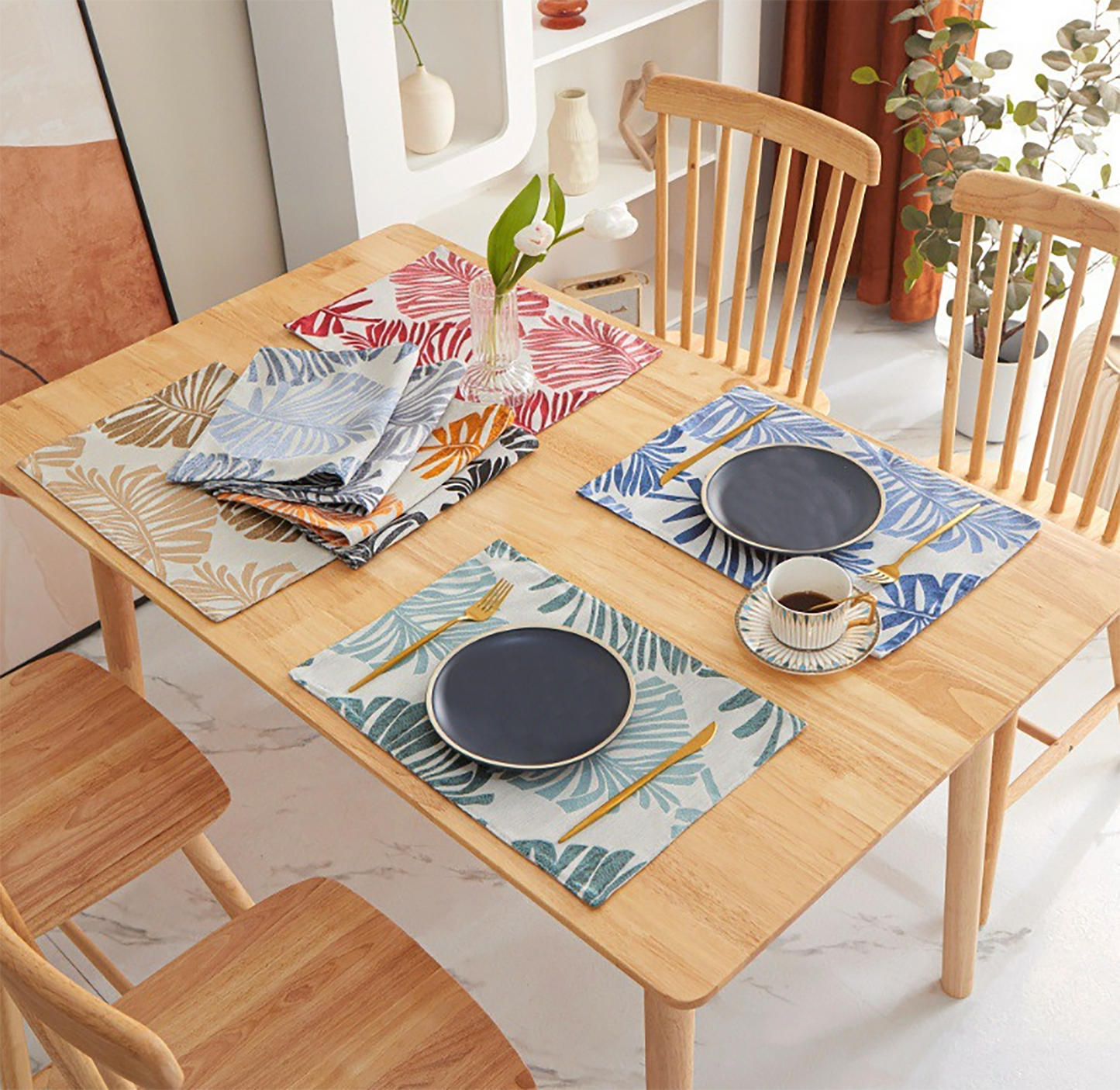Nature Leaf Colorful Canvas Placemat Set Handmade Personalized Plate Mat Kitchen Decoration Picnic Mat Placemats  Green