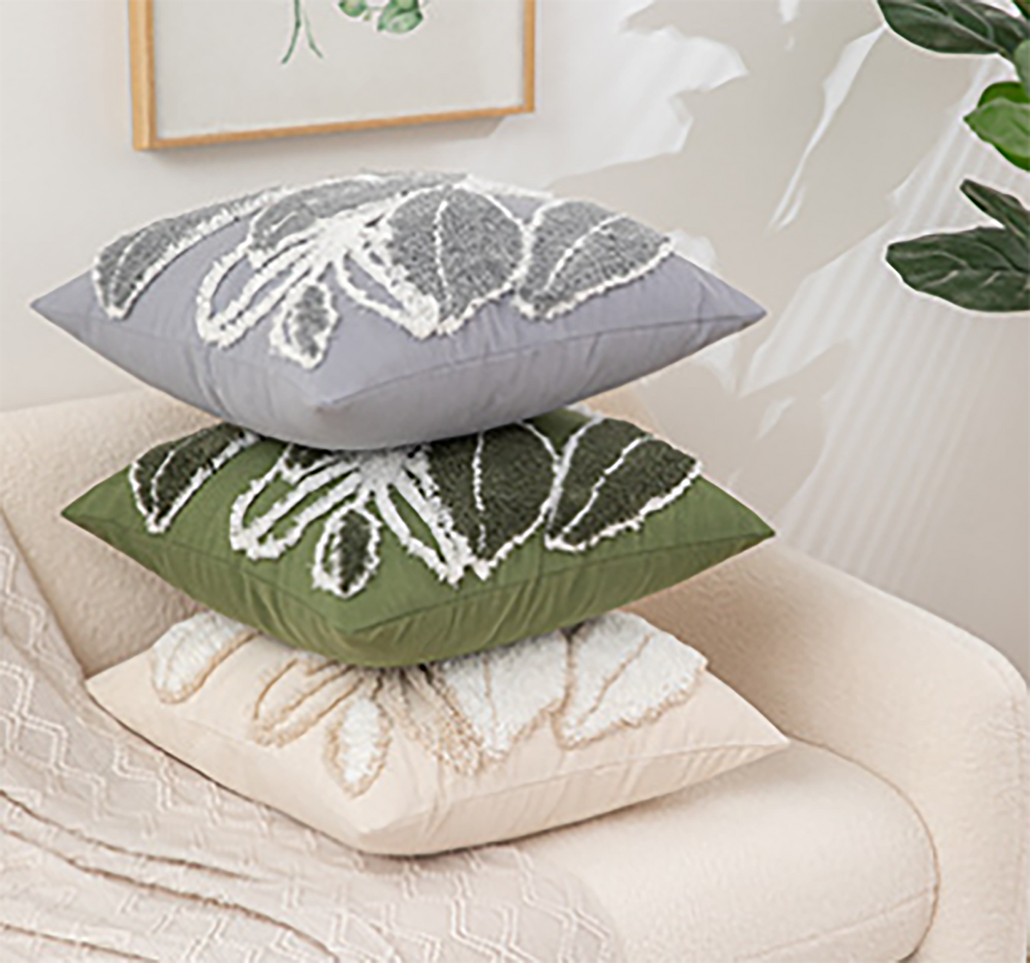 Cute Leaf Pillow Case Leaf Embroidered Throw Pillow Case Decorative Green Beige Gray Pillow Case Housewarming gift