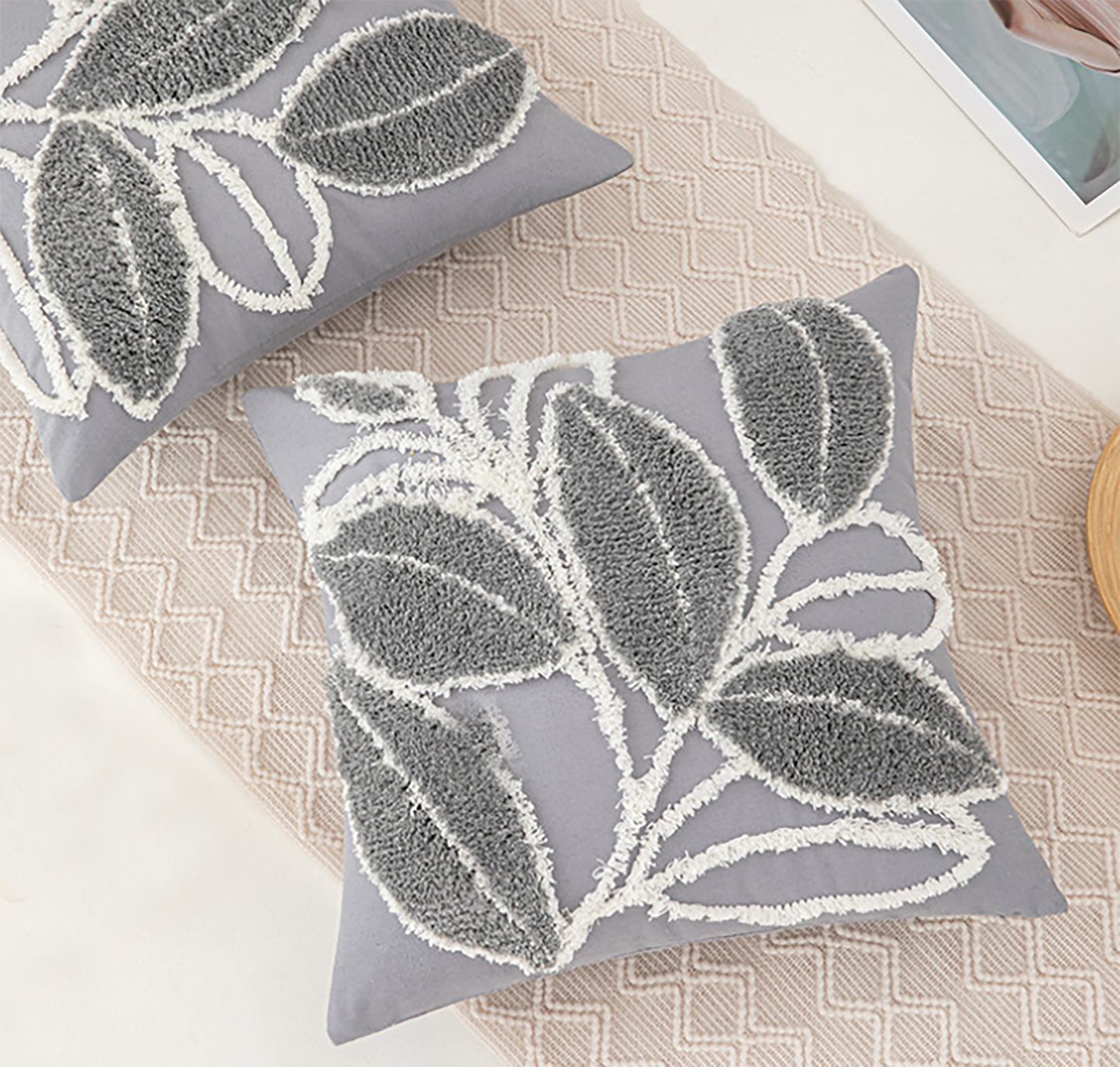 Cute Leaf Pillow Case Leaf Embroidered Throw Pillow Case Decorative Green Beige Gray Pillow Case Housewarming gift