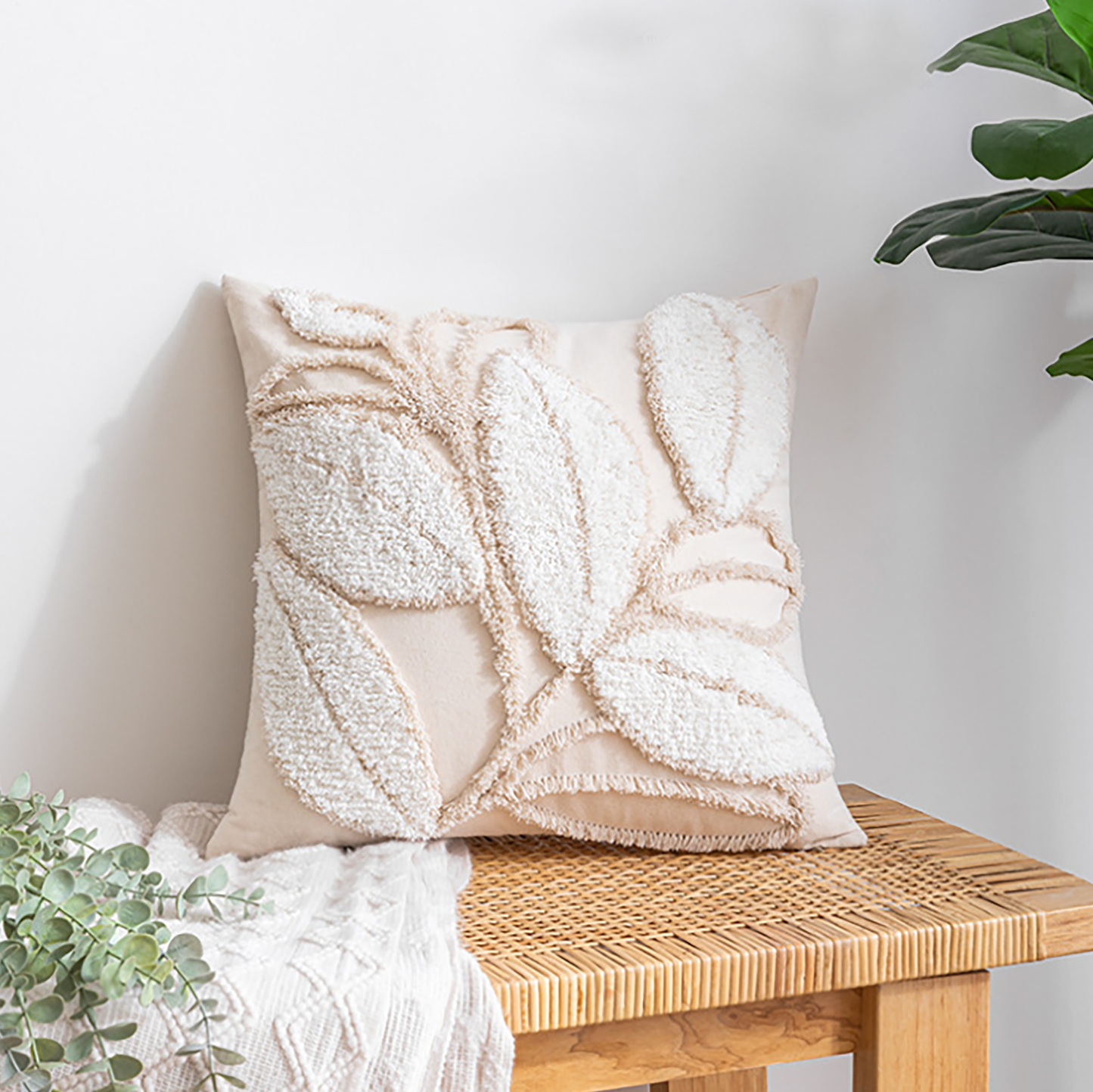 Cute Leaf Pillow Case Leaf Embroidered Throw Pillow Case Decorative Green Beige Gray Pillow Case Housewarming gift