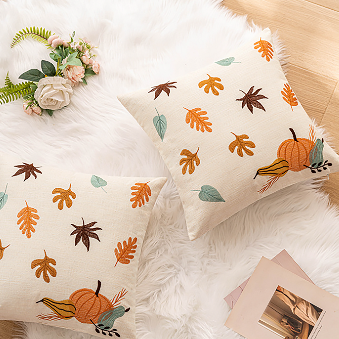 Maple Leaf Pillow Case Pumpkin Maple Leaf Embroidered Throw Pillow Case Decorative Orange Pumpkin Housewarming gift Autumn Fall
