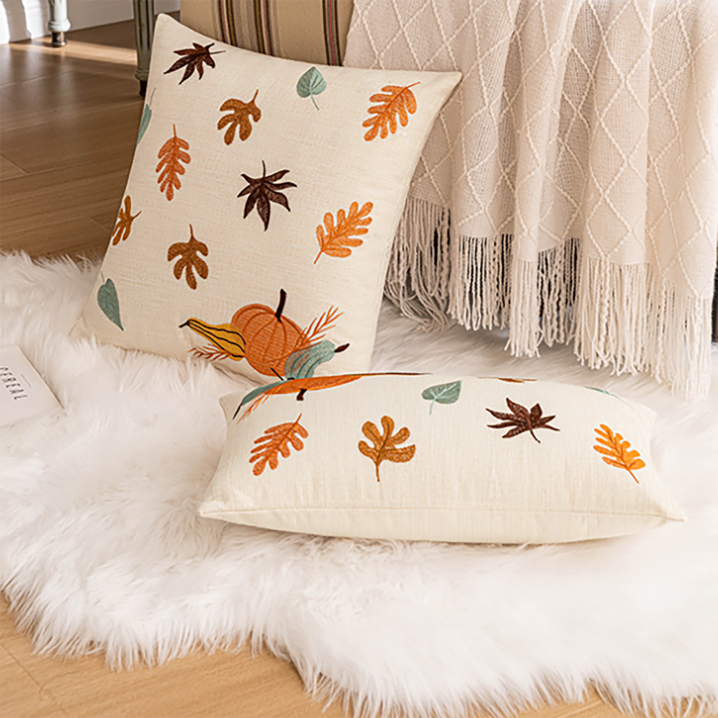 Maple Leaf Pillow Case Pumpkin Maple Leaf Embroidered Throw Pillow Case Decorative Orange Pumpkin Housewarming gift Autumn Fall