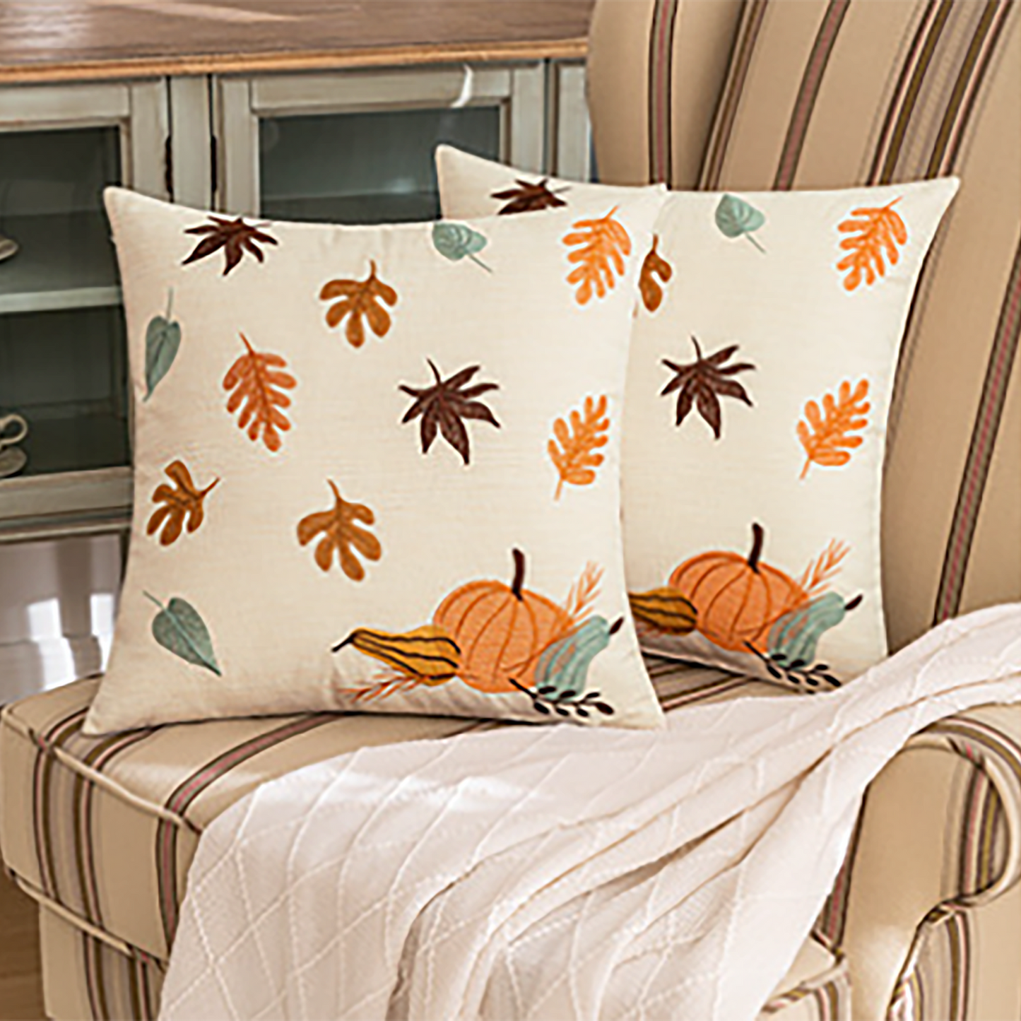 Maple Leaf Pillow Case Pumpkin Maple Leaf Embroidered Throw Pillow Case Decorative Orange Pumpkin Housewarming gift Autumn Fall