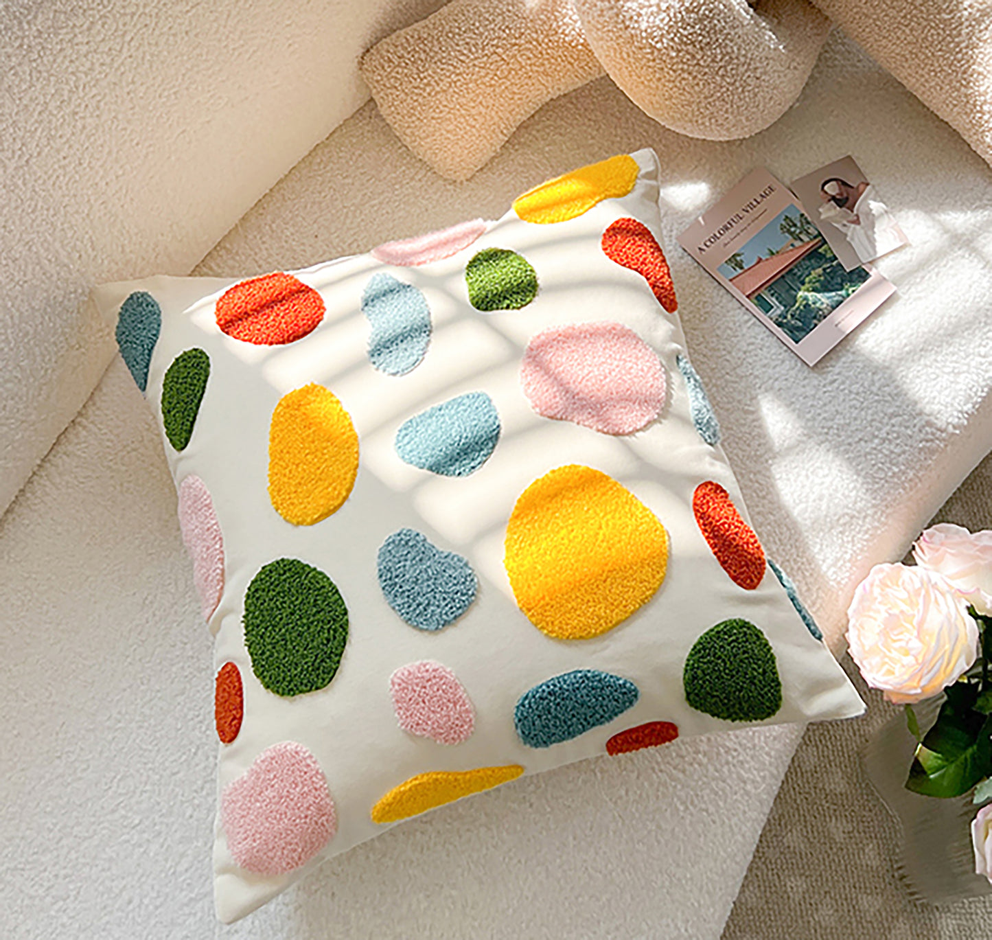 Fashion Summer Pillow Case Cute Colorful Pillow Flower Embroidered Polka Dot Throw Pillow Case Decorative Pillow Case Housewarming Gift