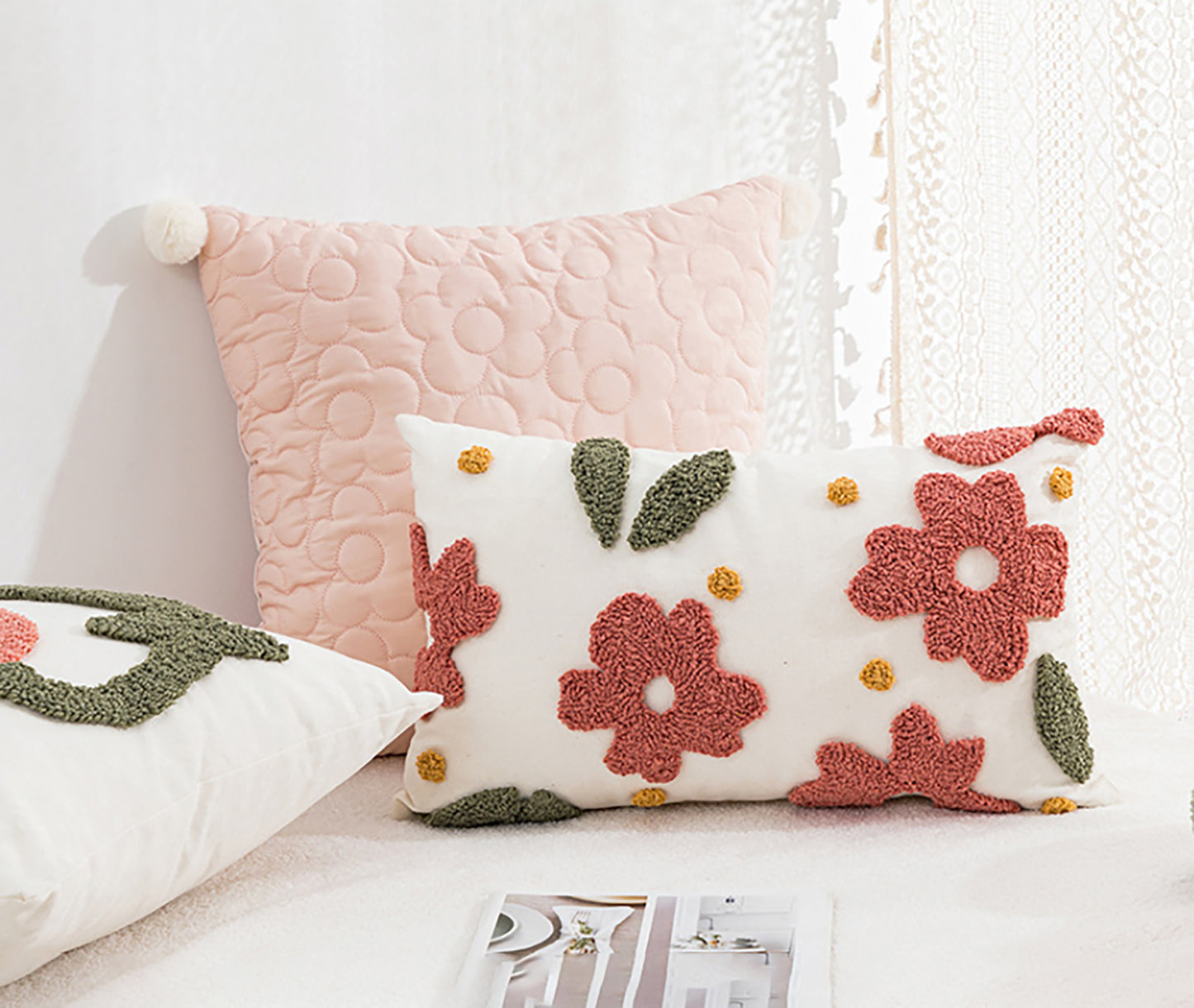 Pink Flower pillow Case Cute Solid Pillow Flower Embroidered Throw Pillow Decorative Pink White Pillow Case Daisy Housewarming Gift Decor