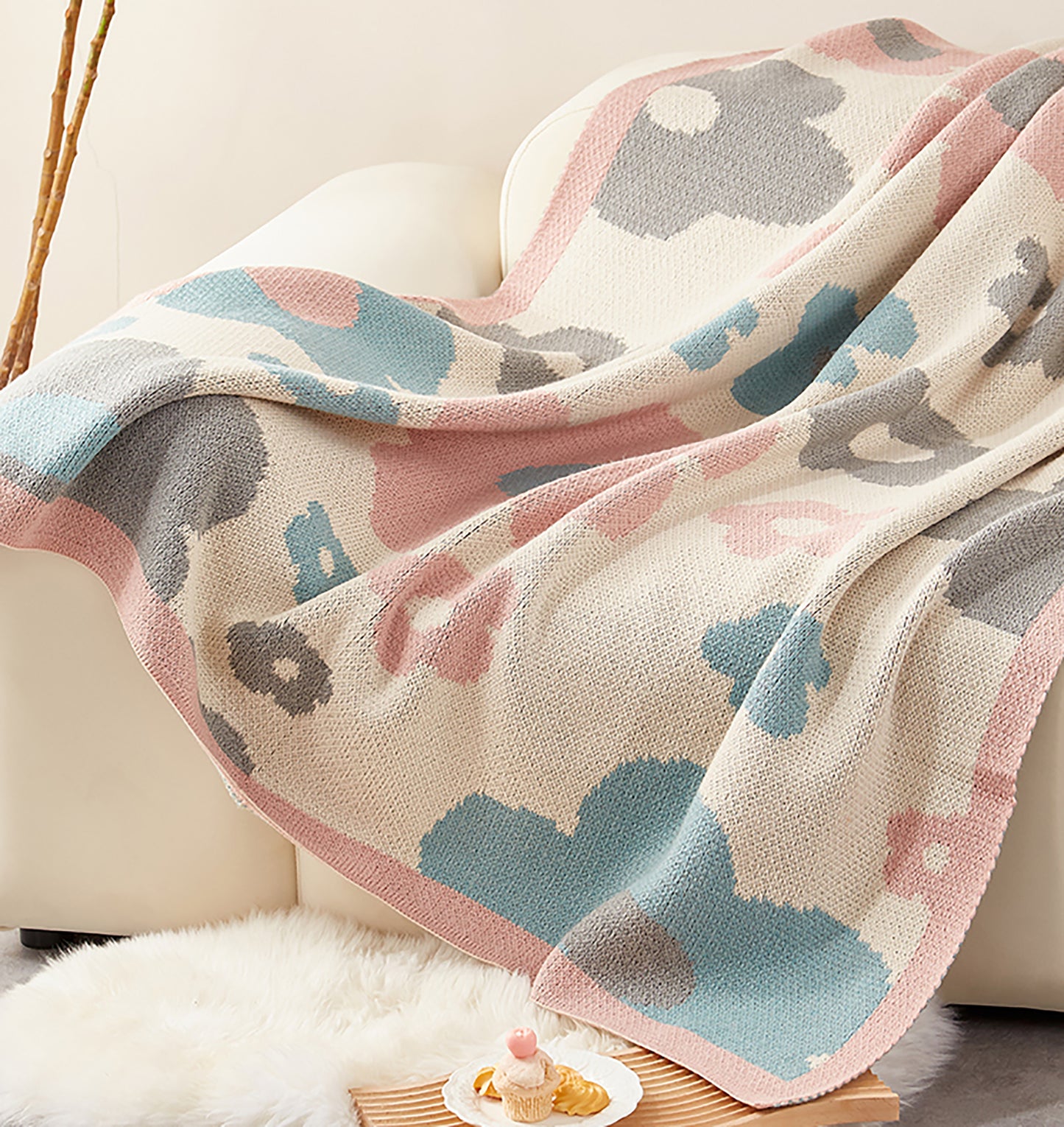 Flower Decorative Blanket Woven Throw Blanket Sofa Couch Office Blanket Pink Blue White Black