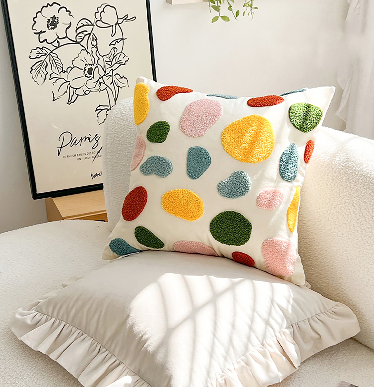 Fashion Summer Pillow Case Cute Colorful Pillow Flower Embroidered Polka Dot Throw Pillow Case Decorative Pillow Case Housewarming Gift