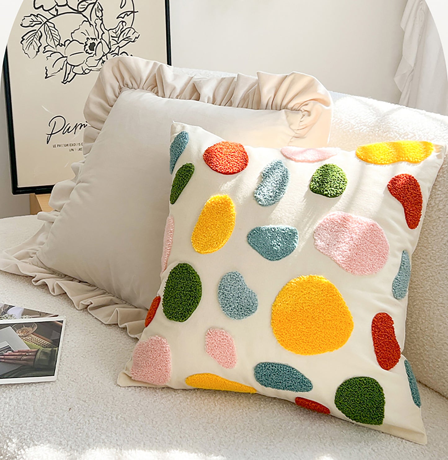 Fashion Summer Pillow Case Cute Colorful Pillow Flower Embroidered Polka Dot Throw Pillow Case Decorative Pillow Case Housewarming Gift