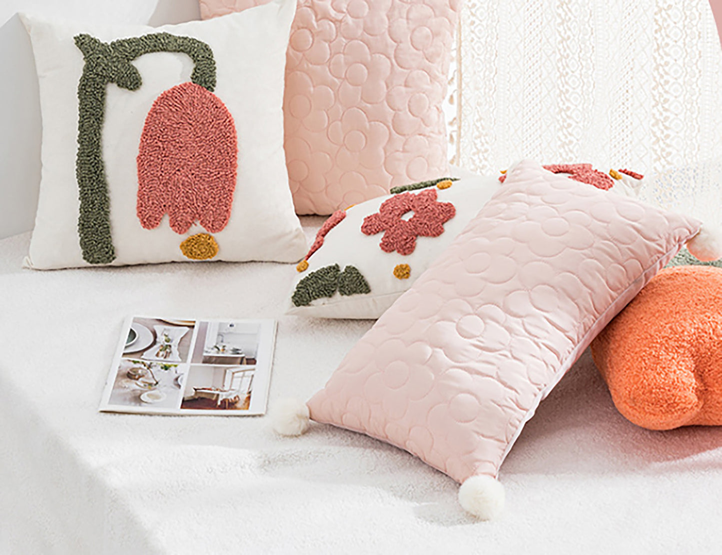 Pink Flower pillow Case Cute Solid Pillow Flower Embroidered Throw Pillow Decorative Pink White Pillow Case Daisy Housewarming Gift Decor