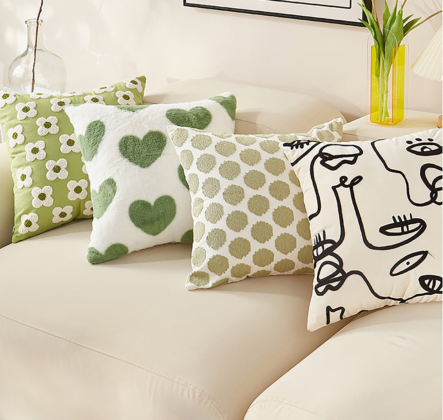 Fashion Pillowcase Cute Green Pillow Heart Embroidered Throw Pillow Case Decorative Pillowcase/ Housewarming gift/ Personalized Pillow Cover