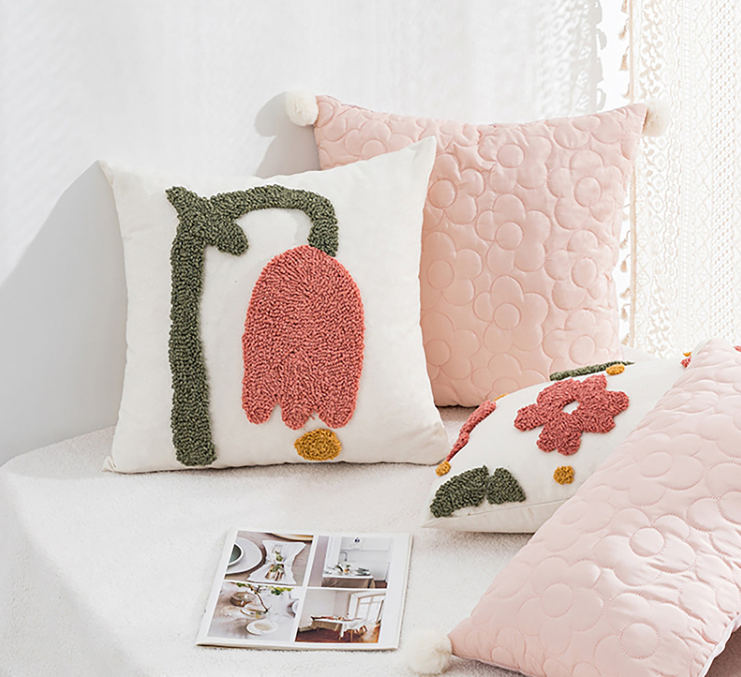 Pink Flower pillow Case Cute Solid Pillow Flower Embroidered Throw Pillow Decorative Pink White Pillow Case Daisy Housewarming Gift Decor