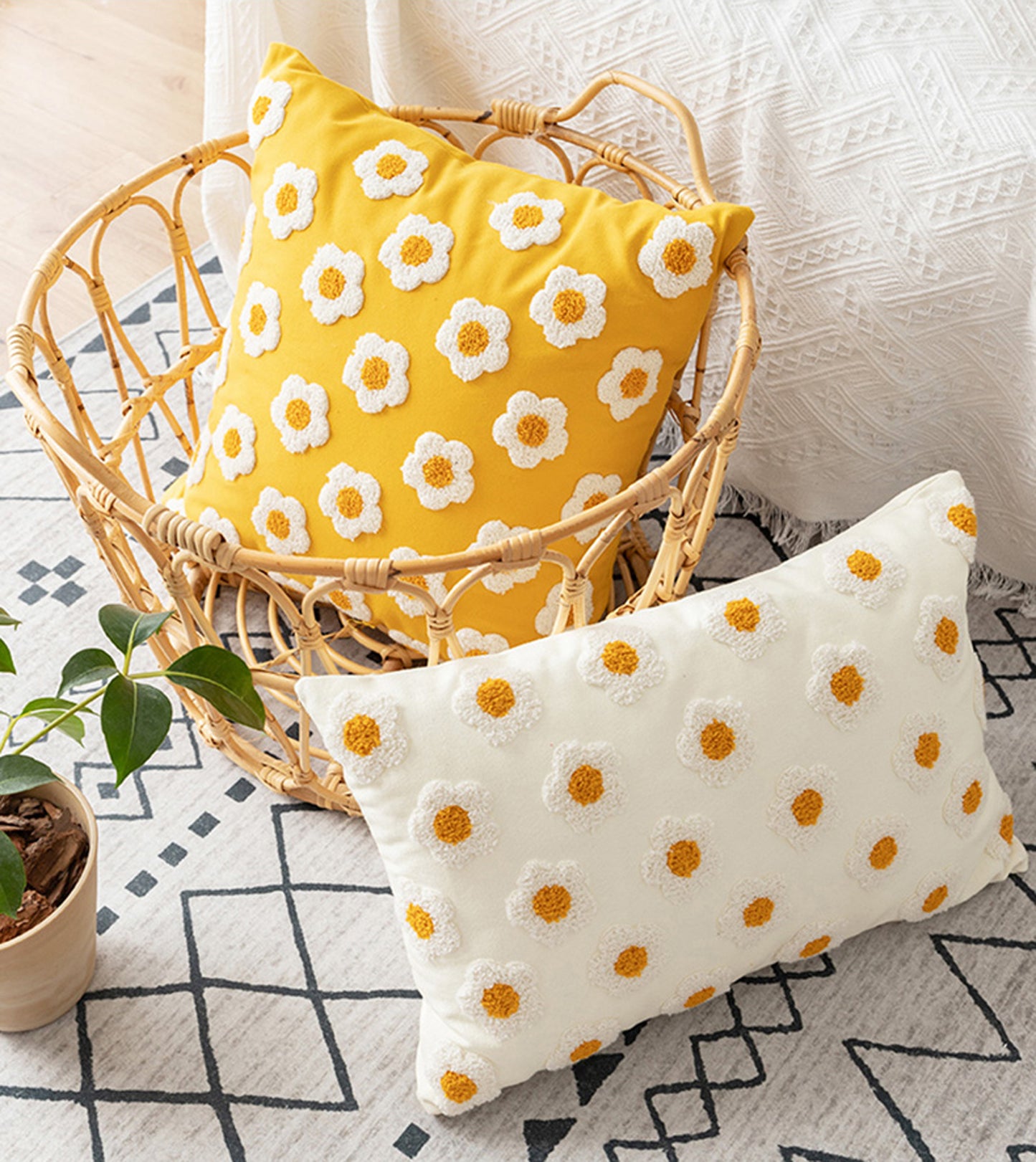 Daisy Embroidered Throw Pillow Case