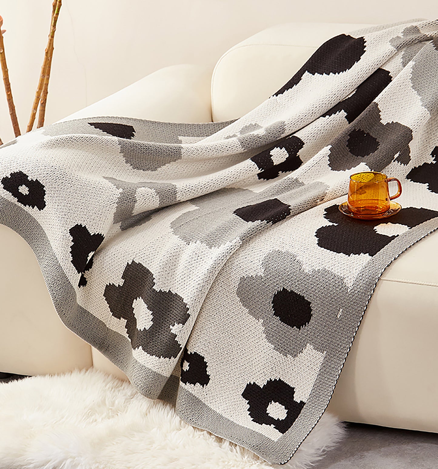 Flower Decorative Blanket Woven Throw Blanket Sofa Couch Office Blanket Pink Blue White Black