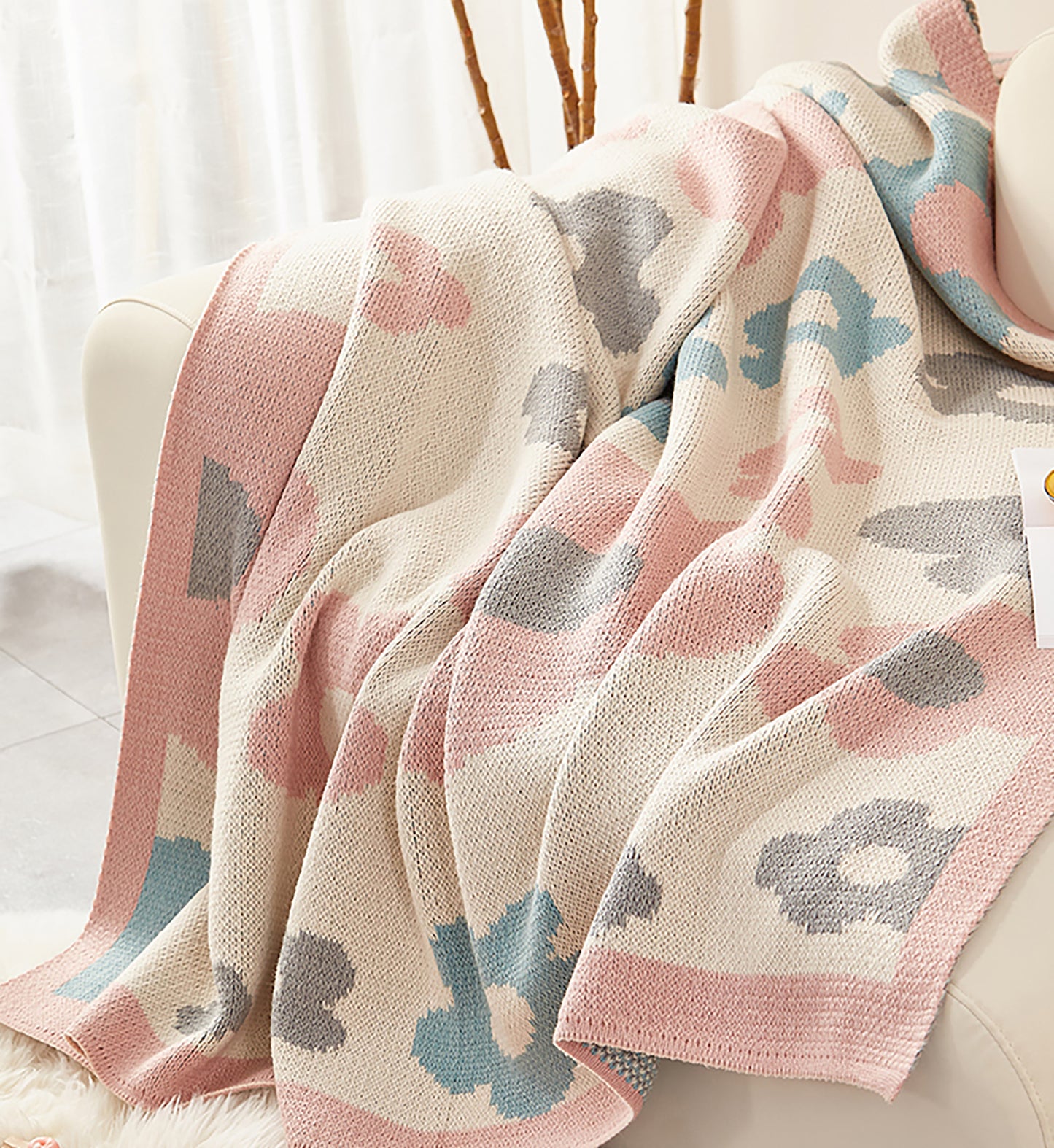 Flower Decorative Blanket Woven Throw Blanket Sofa Couch Office Blanket Pink Blue White Black