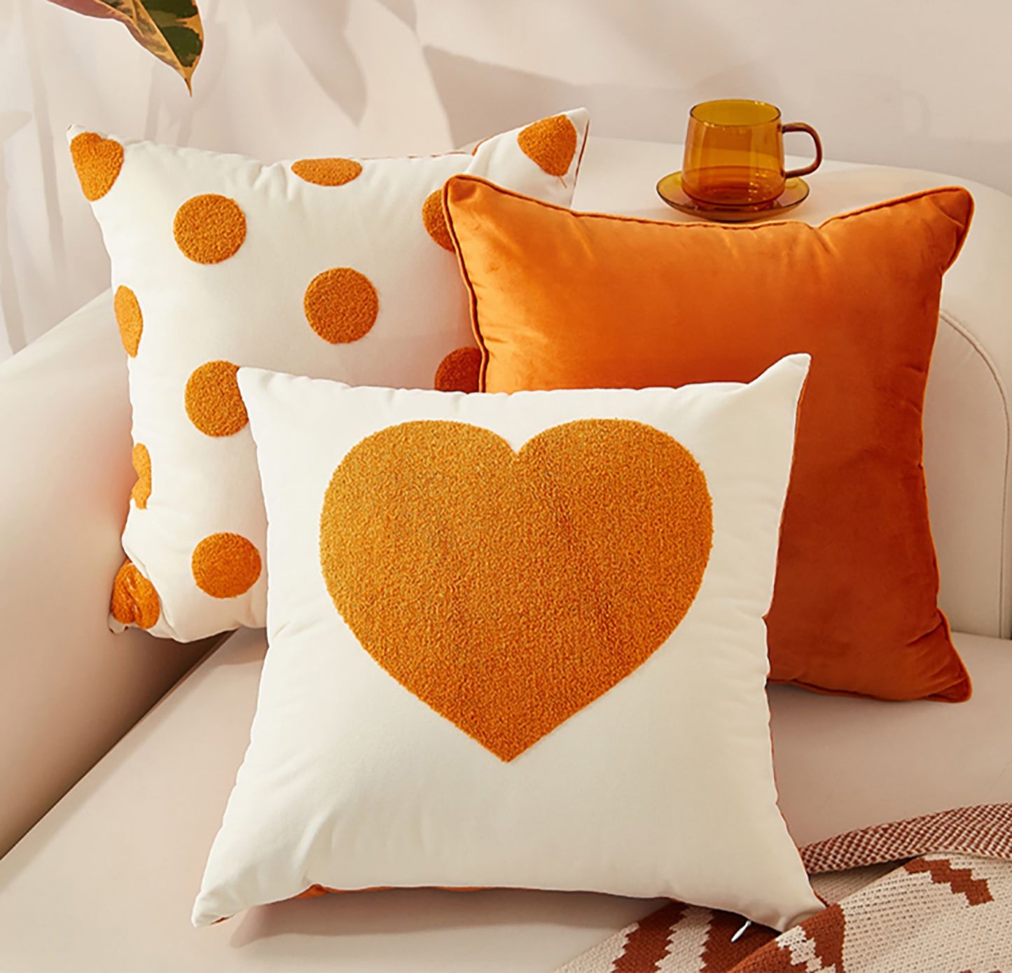 Heart pillow Case Cute Pillow Embroidered Throw Pillow Case Decorative Orange Pillow Case Housewarming gift Dot Pattern Pumpkin Living Room