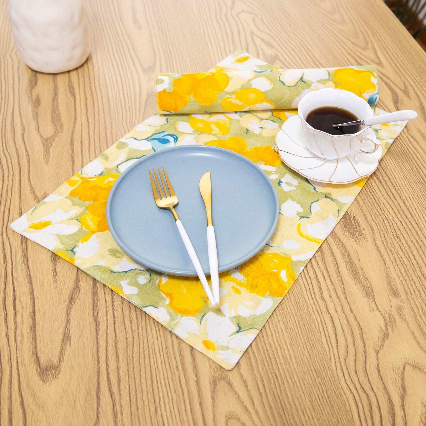 Yellow Flower Cotton Linen Placemat Set Handmade Personalized Plate Mat Kitchen Decoration Picnic Mat Placemats