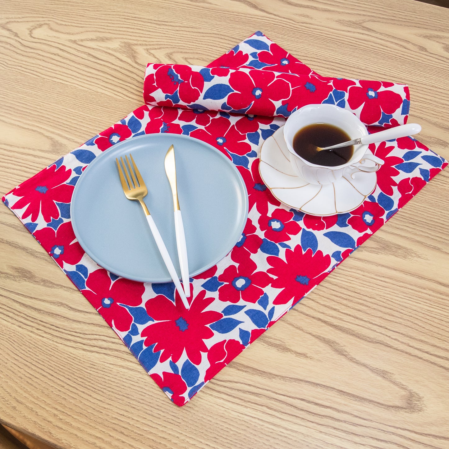 Red Flower Cotton Linen Placemat Set