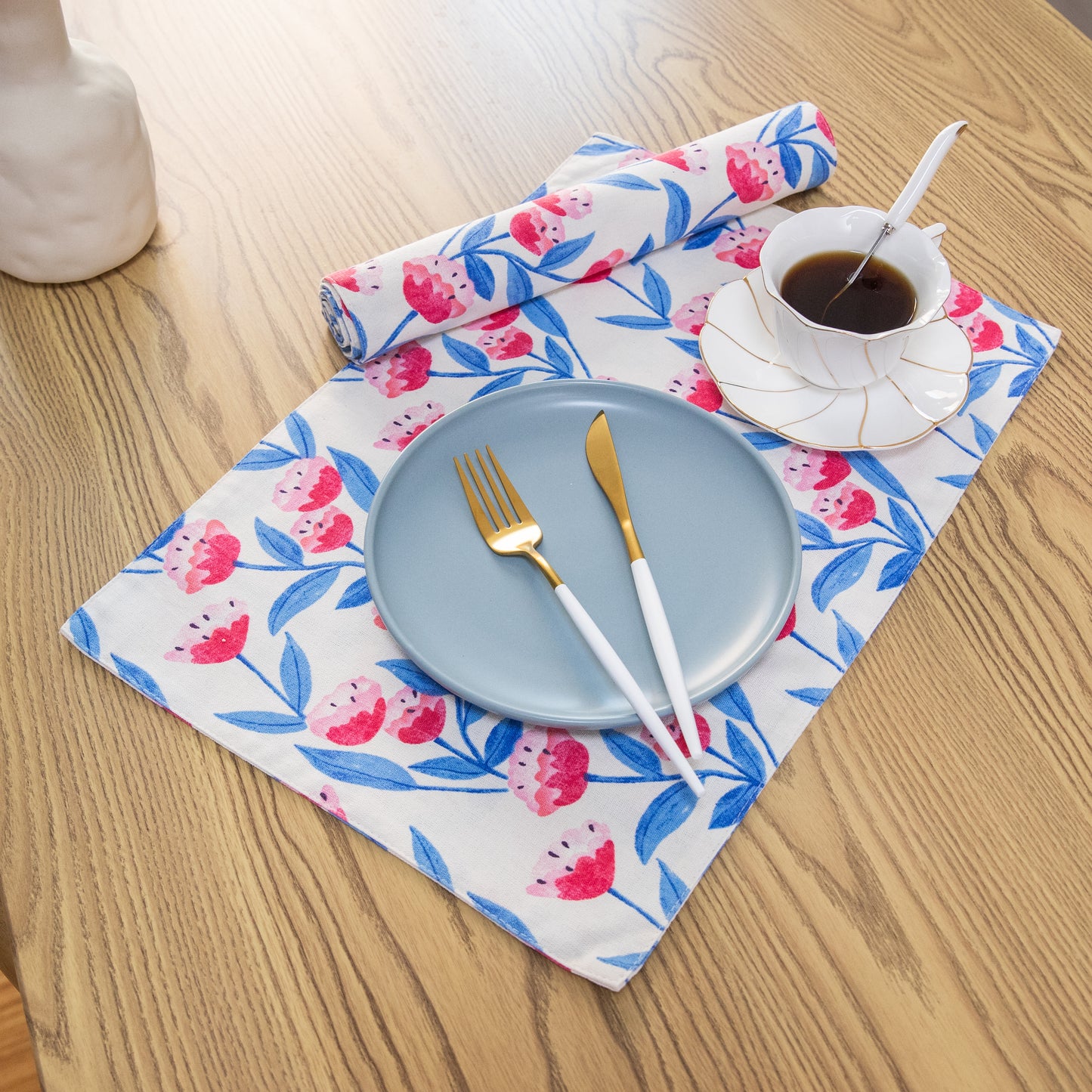 Flower Cotton Linen Placemat Set Handmade Personalized Plate Mat Kitchen Decoration Picnic Mat Placemats Flower Design Pink Blue