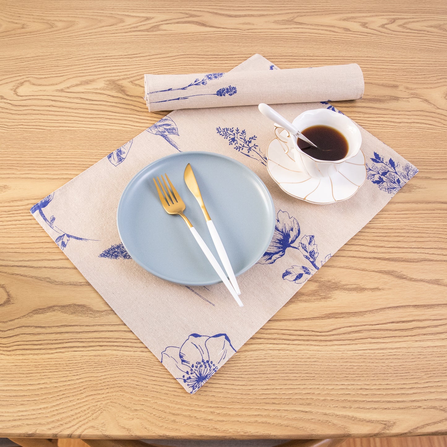 Flower Placemat Set Handmade Personalized Plate Mat Kitchen Decoration Picnic Mat Cotton Linen Placemats Blue Flower Design