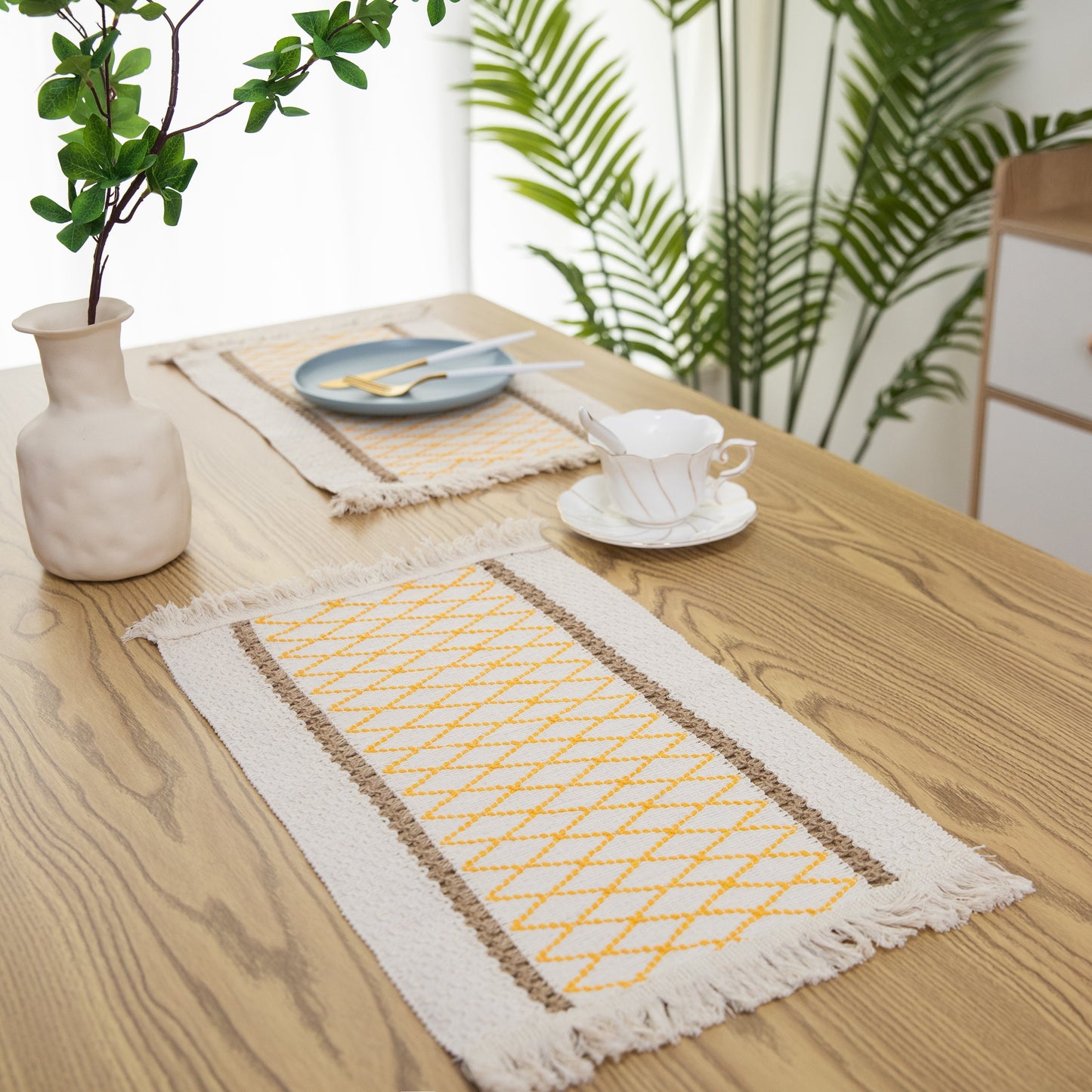 Art Woven Placemat Set Handmade Personalized Plate Mat Kitchen Decoration Colorful Yellow