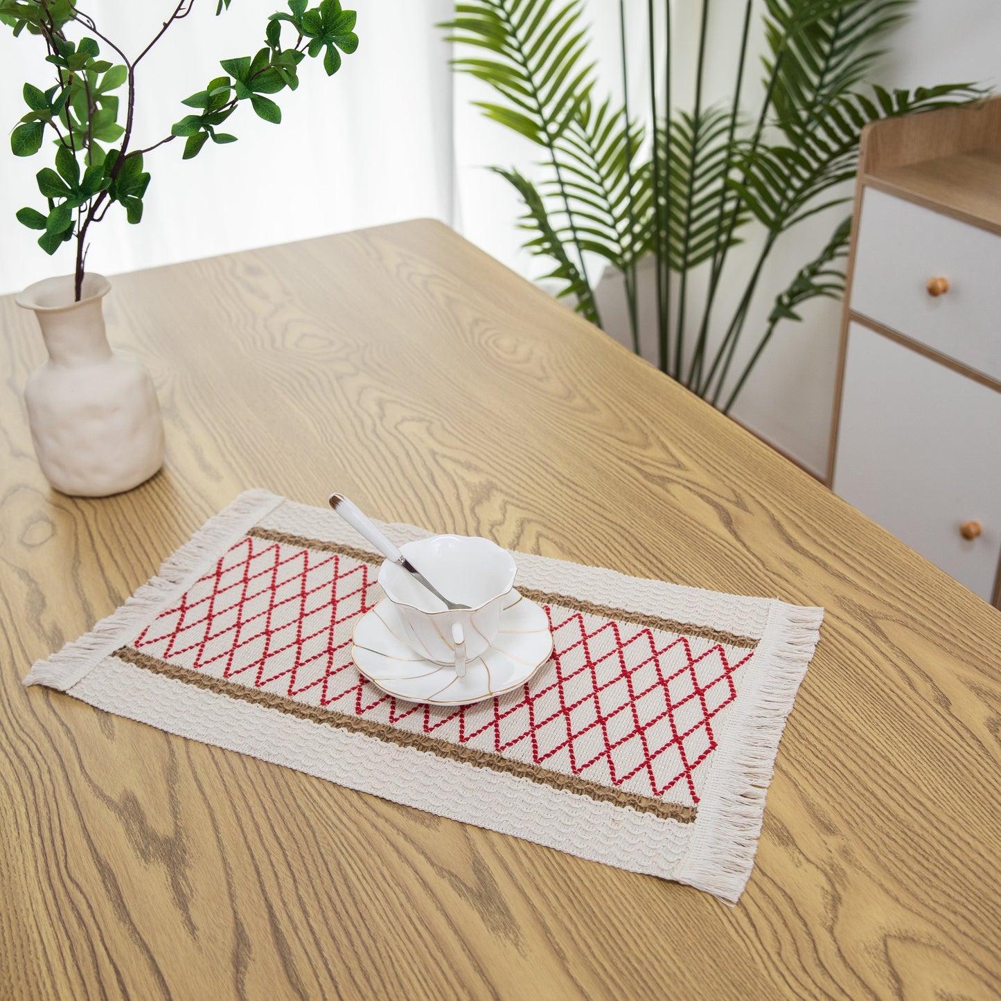 Art Woven Placemat Set Handmade Personalized Plate Mat Kitchen Decoration Colorful  Red