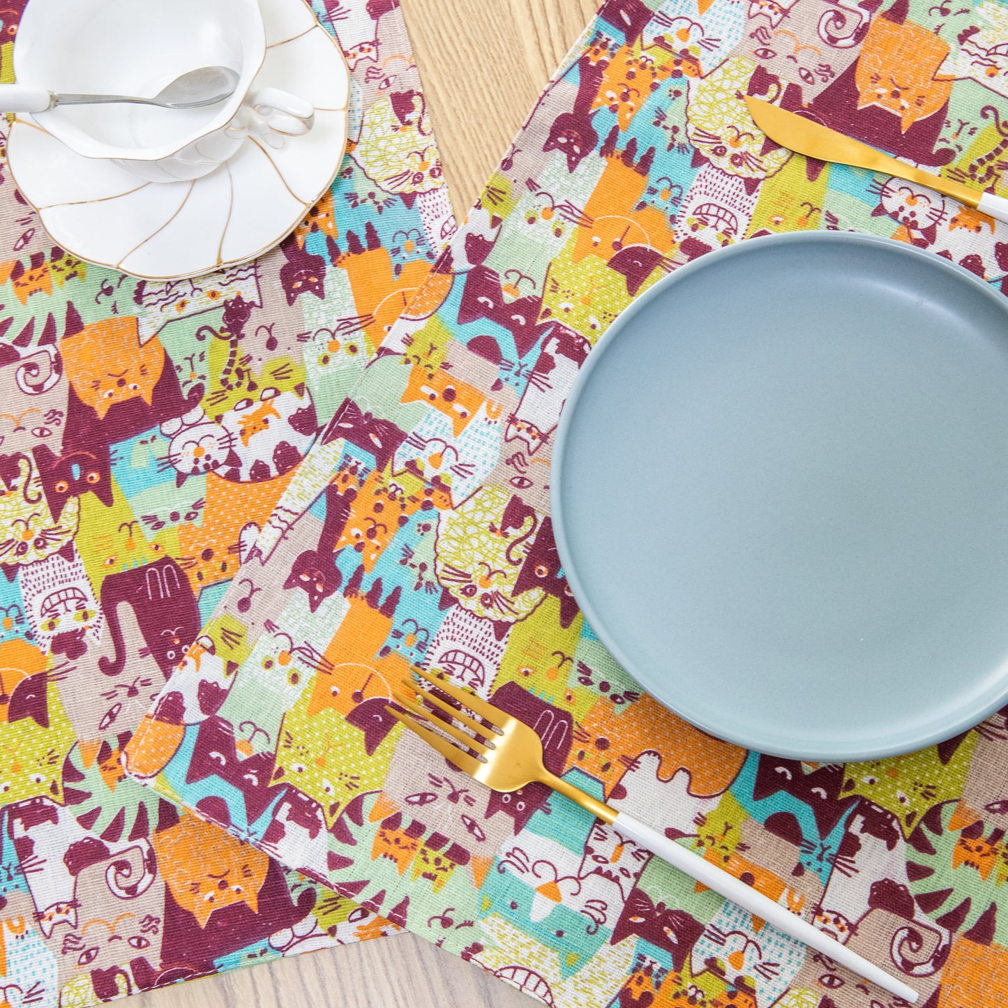 Cutie Kitty Cat Kitten Design Canvas Placemat Set Handmade Personalized Plate Mat Kitchen Decoration Picnic Mat Placemats